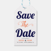 ネイビーブルー，サンゴタイポグラフィ日付の写真を保存 ギフトタグ (正面)