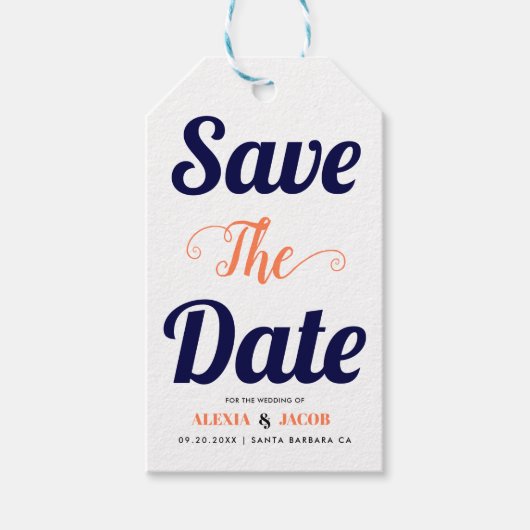 ネイビーブルー，サンゴタイポグラフィ日付の写真を保存 ギフトタグ (正面)