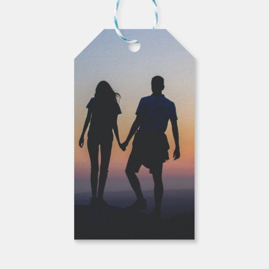 ネイビーブルー，サンゴタイポグラフィ日付の写真を保存 ギフトタグ (裏面)