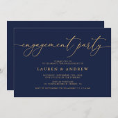 ネイビーブルー&サンフラワー金ゴールド婚約パーティ 招待状 (正面/裏面)