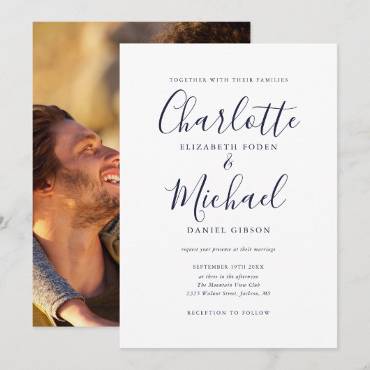 ネイビーブルー シグネチャースクリプト フォト ウェディング 招待状 (正面/裏面)