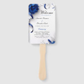 ネイビーブルー＆シルバーの花のリボン ウェディングプログラム ハンドファン (正面)