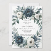 ネイビーブルー&シルバーアイボリーフローラウェディングシャワー 招待状 (正面)
