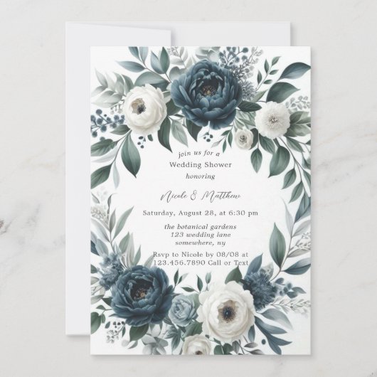 ネイビーブルー&シルバーアイボリーフローラウェディングシャワー 招待状 (正面)