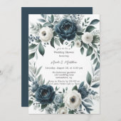 ネイビーブルー&シルバーアイボリーフローラウェディングシャワー 招待状 (正面/裏面)