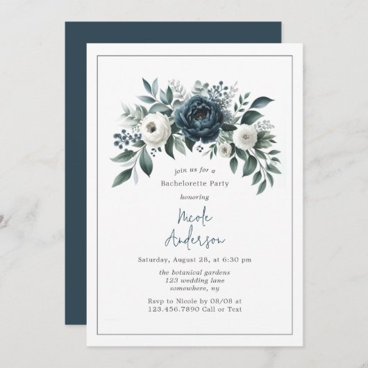 ネイビーブルー&シルバーアイボリーフローラバチェロレッテ 招待状 (正面/裏面)