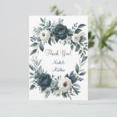 ネイビーブルー&シルバーアイボリー結婚フローラ サンキューカード (スタンド正面)