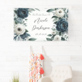 ネイビーブルー＆シルバーアイボリー フローラル ブライダルシャワー 横断幕 (インサイチュ)