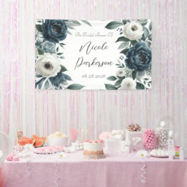 ネイビーブルー＆シルバーアイボリー フローラル ブライダルシャワー 横断幕