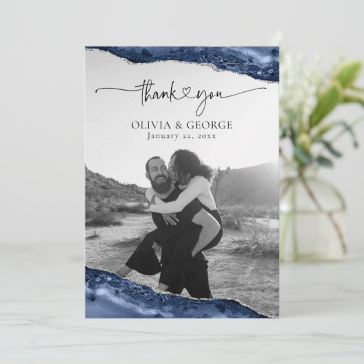 ネイビーブルー シルバーアゲート 結婚式 お礼カード サンキューカード (スタンド正面)