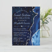 ネイビーブルー&シルバーグリッターアゲートマーブルスウィート16 招待状 (スタンド正面)