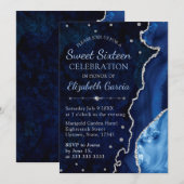 ネイビーブルー&シルバーグリッターアゲートマーブルスウィート16 招待状 (正面/裏面)
