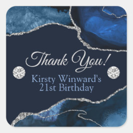 ネイビーブルー&シルバーグリッターアゲート誕生日パーティー スクエアシール