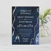 ネイビーブルー&シルバーグリッターアゲート&マーブル結婚ズ 招待状 (スタンド正面)