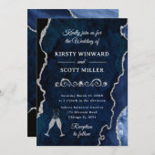 ネイビーブルー&シルバーグリッターアゲート&マーブル結婚ズ 招待状 (正面/裏面)