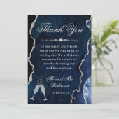 ネイビーブルー & シルバーグリッターアゲート & 大理石 ウェディング サンキューカード (スタンド正面)