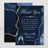ネイビーブルー & シルバーグリッターアゲート & 大理石 ウェディング サンキューカード (正面/裏面)