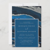 ネイビーブルー&シルバーグリッターアゲ結婚ート 招待状 (正面)