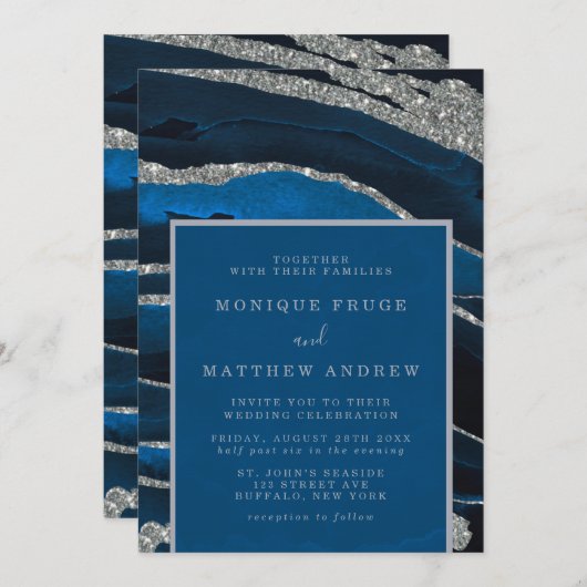 ネイビーブルー&シルバーグリッターアゲ結婚ート 招待状 (正面/裏面)