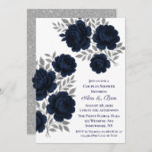 ネイビーブルー&シルバーグリッター離れカップルシャワー 招待状 (正面/裏面)