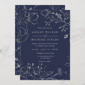 ネイビーブルー&シルバーグレイモダンフローラ結婚ズ 招待状 (正面/裏面)