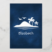 ネイビーブルー&シルバートロピカルブライダルシャワー 箔招待状 (正面)