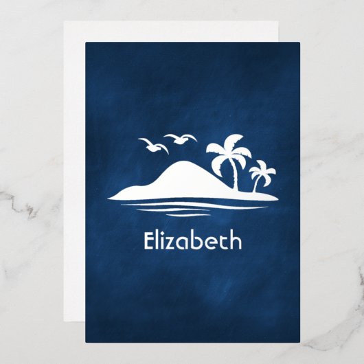 ネイビーブルー&シルバートロピカルブライダルシャワー 箔招待状 (正面/裏面)