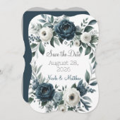 ネイビーブルー&シルバーフローラウェディング日付を保存 (正面/裏面)