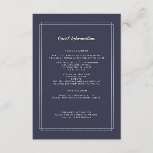 ネイビーブルー |シルバーフローラ結婚の詳細カード エンクロージャーカード (正面)