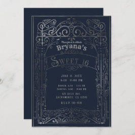 ネイビーブルー&シルバーヴィンテージビクトリアンデコスウィート16 招待状
