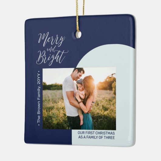ネイビーブルー&シルバー写真モダンクリスマスファミリー セラミックオーナメント (左)
