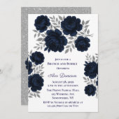 ネイビーブルー&シルバー離れズブランチとバブリー 招待状 (正面/裏面)