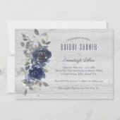 ネイビーブルー シルバー ウォーターカラー フラワーブライダルシャワー 招待状 (正面)