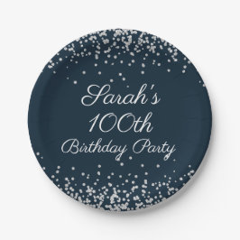ネイビーブルー シルバー グリッター 100歳 誕生日パーティー ペーパープレート