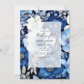 ネイビーブルー、シルバー、ホワイトフローラ秋結婚の 招待状 (正面)