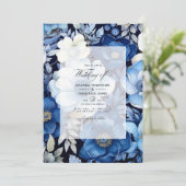 ネイビーブルー、シルバー、ホワイトフローラ秋結婚の 招待状 (スタンド正面)
