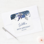 ネイビーブルー シルバー 花柄 80歳 誕生日パーティー スクエアシール (封筒)
