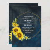 ネイビーブルー&ジオメトリック金ゴールドひまわり 招待状 (正面/裏面)