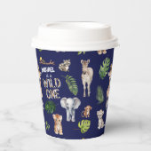 ネイビーブルー，ジャングル動物，サファリ1歳の誕生日 紙コップ (正面)