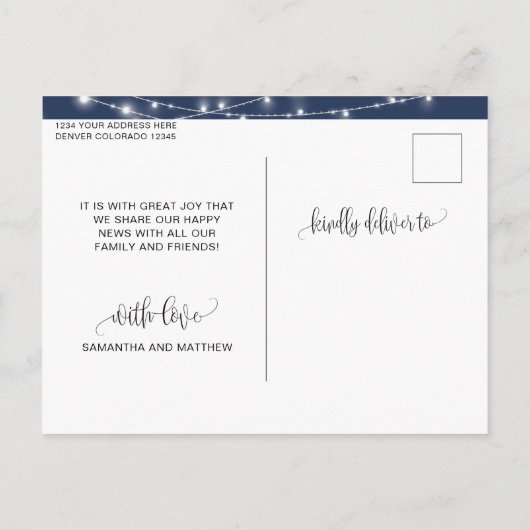 ネイビーブルー, ストリングライト, プロポーズしました, 結婚発表 案内ポストカード (裏面)