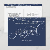 ネイビーブルー・ストリングライト・婚約しました・婚約 案内ポストカード (正面/裏面)