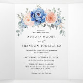 ネイビーブルー スレート ダスティ ブラッシュ ピンク フローラル ウェディング 三つ折り案内状 (内部中)