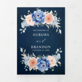 ネイビーブルー スレート ダスティ ブラッシュ ピンク フローラル ウェディング 三つ折り案内状 (カバー)