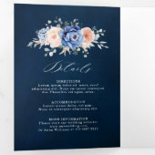 ネイビーブルー スレート ダスティ ブラッシュ ピンク フローラル ウェディング 三つ折り案内状 (内部最初)