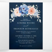 ネイビーブルー スレート ダスティ ブラッシュ ピンク フローラル ウェディング 三つ折り案内状 (内部中)