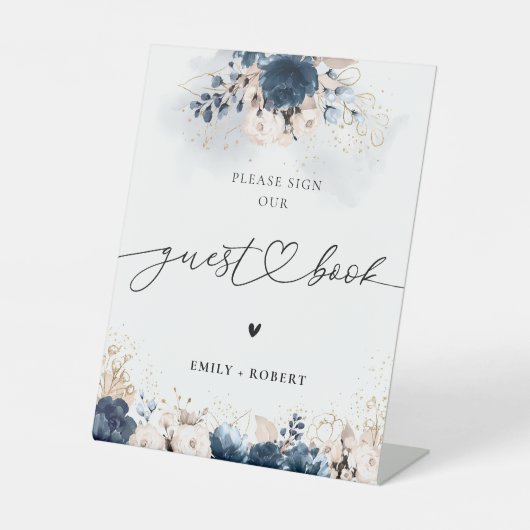 ネイビーブルー&ダスティーバラゲストブックサイン 台座サイン (正面)