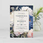 ネイビーブルー&ダスティー赤面ピンクフローラ結婚ズインビタ 招待状 (スタンド正面)