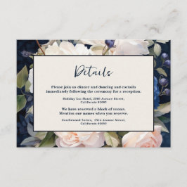 ネイビーブルー&ダスティー赤面ピンク結婚フローラ エンクロージャーカード