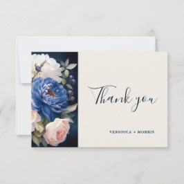 ネイビーブルー&ダスティー赤面ピンク結婚フローラ サンキューカード