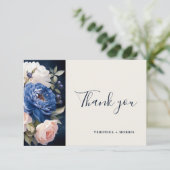 ネイビーブルー&ダスティー赤面ピンク結婚フローラ サンキューカード (スタンド正面)